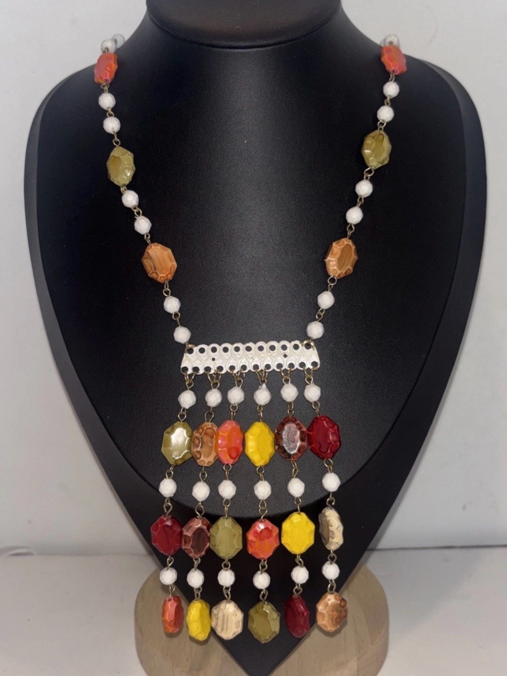 Vintage 60s 70s Mod Plastic Lava Bead Bib Necklace Earth‎ Tone Fringe 24"